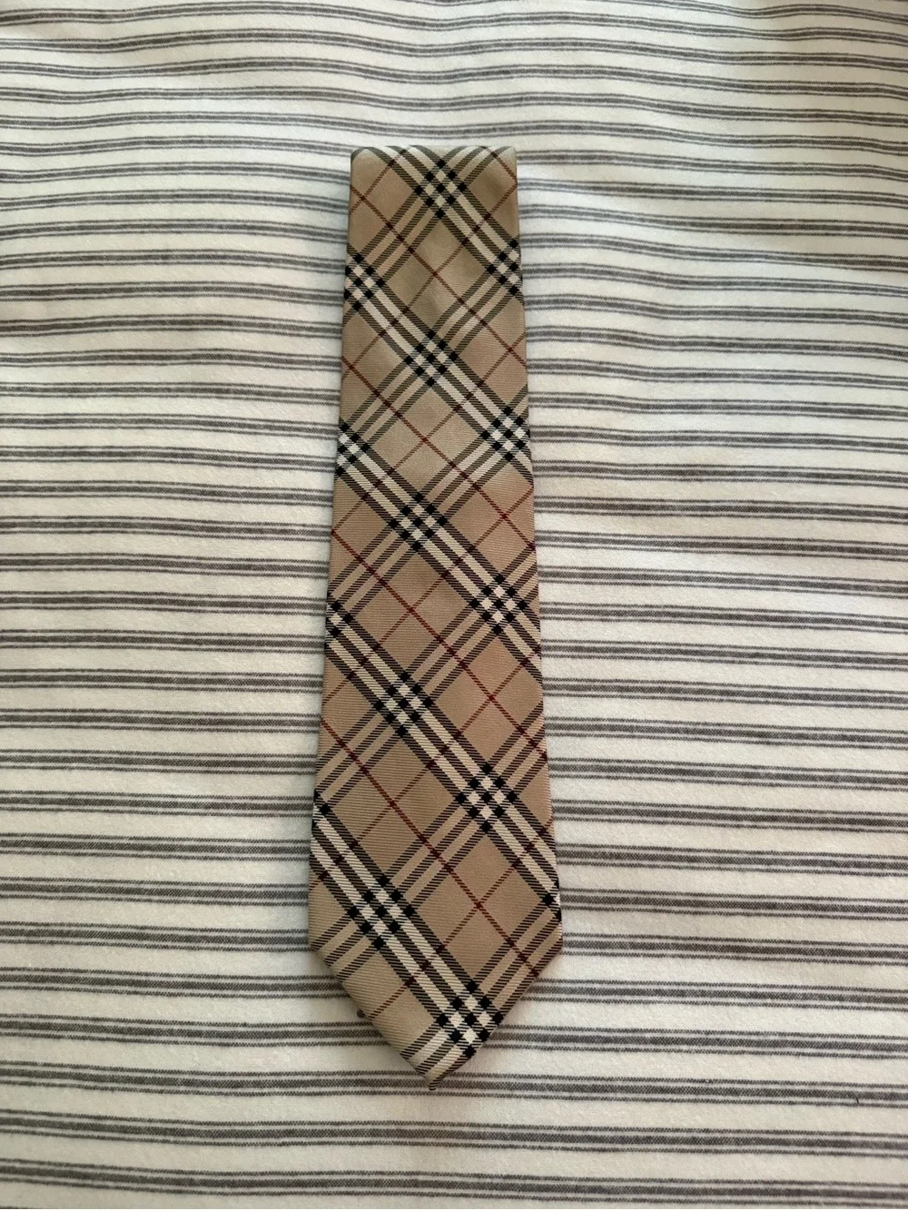 Burberry Beige Plaid Silk Tie with Black and Red Accents
